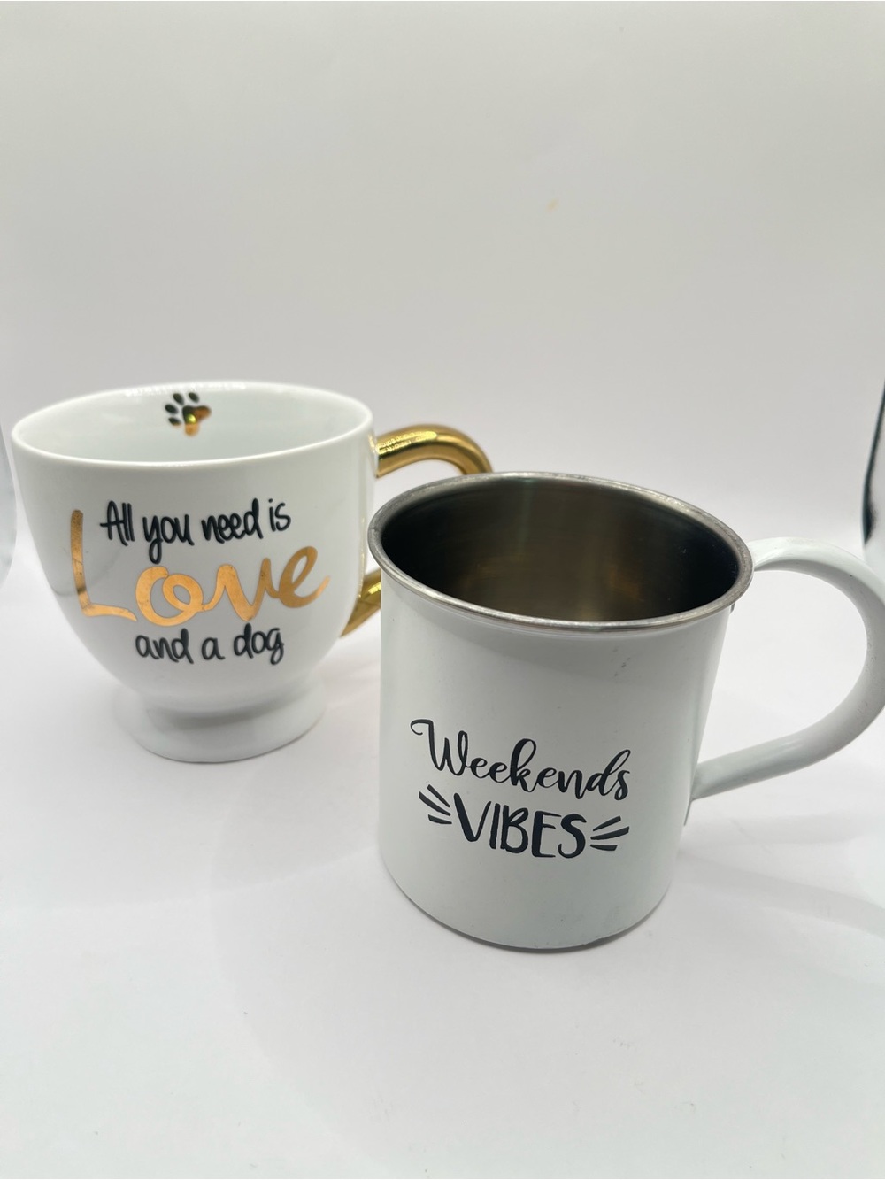 Coffee Mugs All you need is Love/Weekend Vibes White Metal Coffee Mug